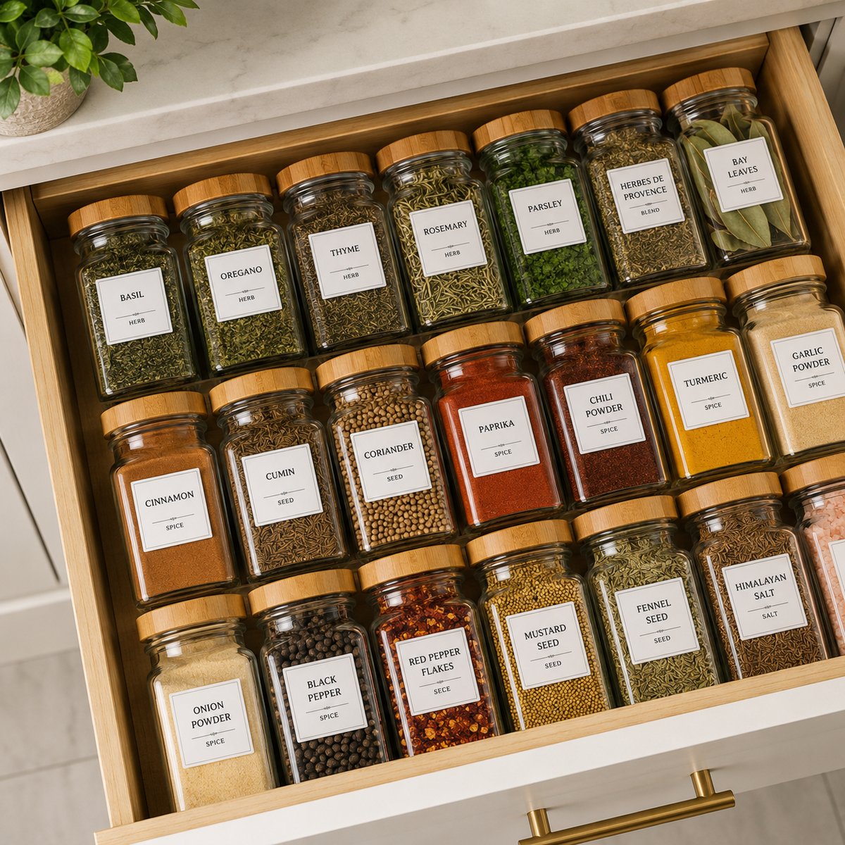 organized-spice-drawer-with-labeled-glass-containers-storing-herbs-and-spices